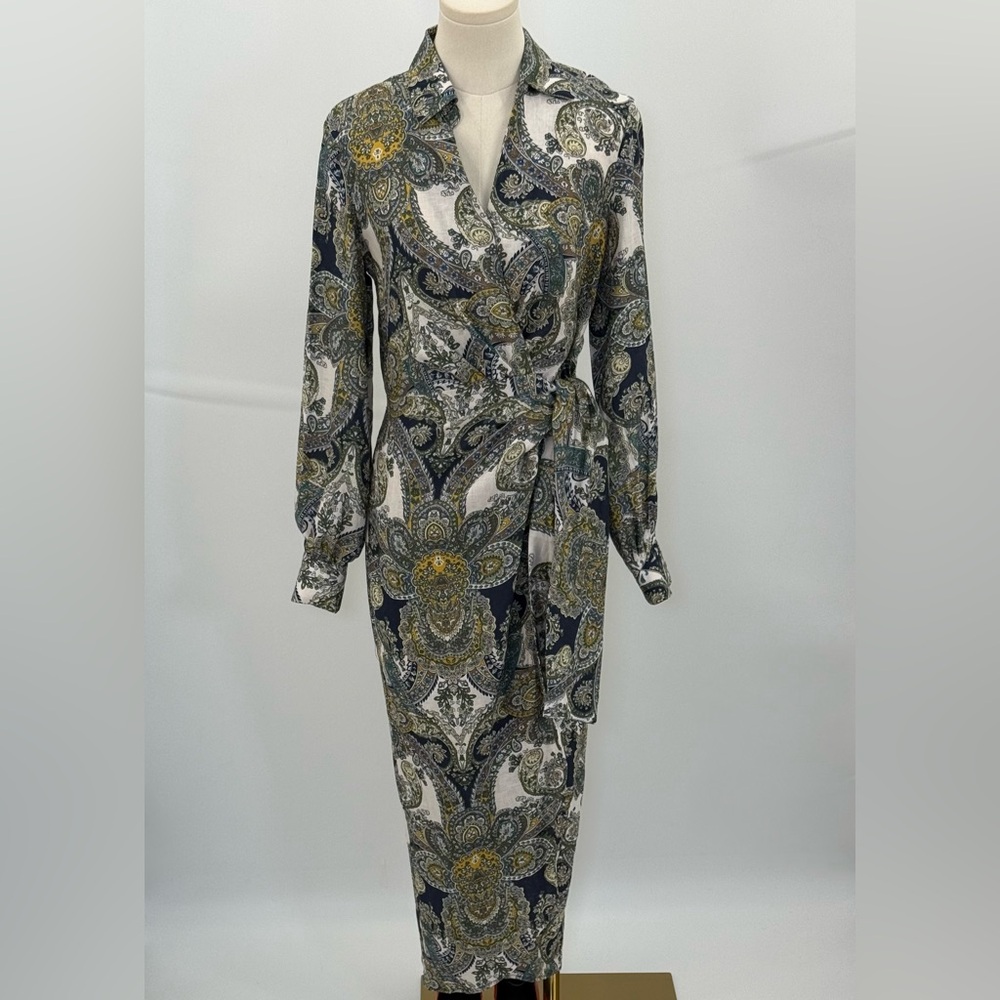 Magaschoni Sophisticated Paisley Belted Wrap Dress – Navy Gold Long Sleeve Midi - Picture 13 of 17
